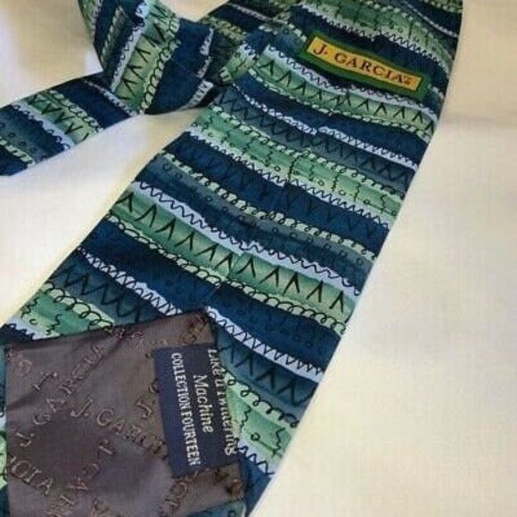 J. Garcia Mens Tie Blue Green 100% Silk Striped Collection Fourteen Necktie - Picture 4 of 4